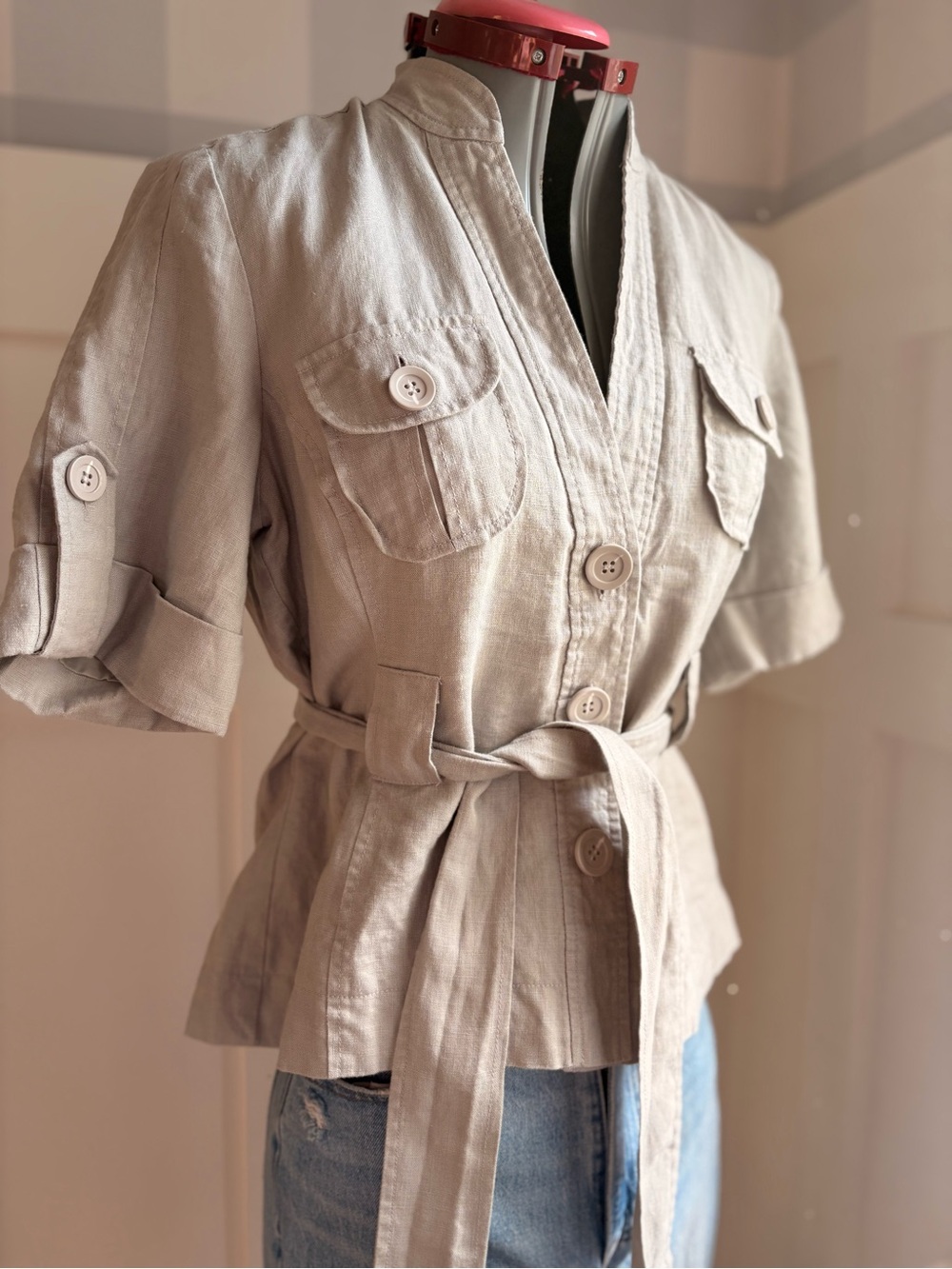 RW&CO. Beige Tie-Waist Linen Blend Top 8 - Picture 5 of 8